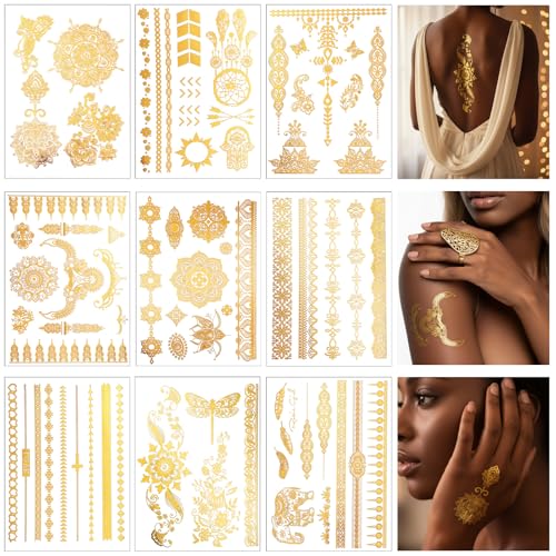 Gold Temporary Tattoo Stickers - 9 Sheet Set for Women
