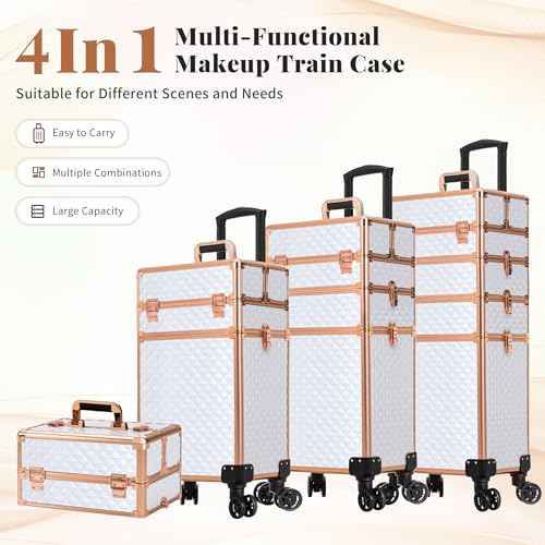 AROUS Rolling Makeup Train Case 4 in 1 Cosmetology Case on Wheels Large Storage Cosmetic Trolley with Key Salon Barber Case Traveling Cart Trunk,White