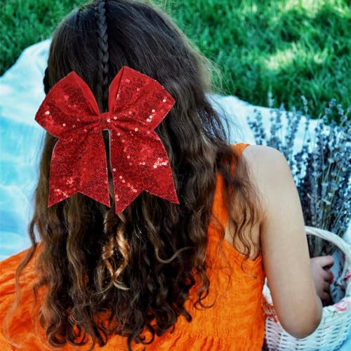 7 Inch Sequin Red Hair Bow Clips, Large Glitter Cheer Bow Clip, Halloween Hair Clip, Big Bows for Hair Clip Gift Hair Accessories for Teens Girls Kids Women (Christmas Red)