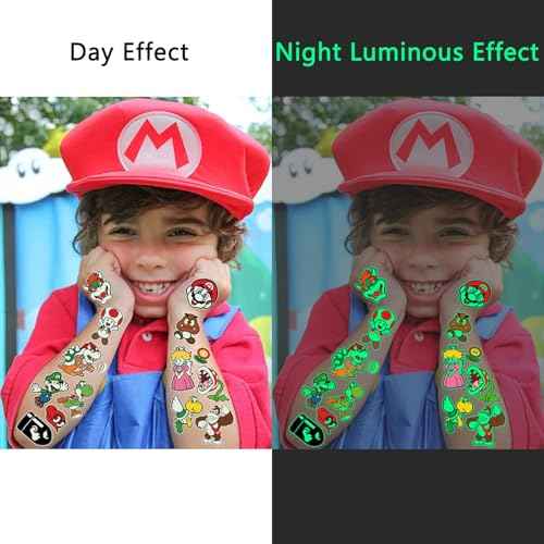 Mario Birthday Party Supplies, 34Pcs Temporary Tattoos Party Gifts, Glow In The Dark Removable Skin Safe, Fake Tattoo Stickers for Goody Bag Treat Bag Stuff for Mario Birthday Party