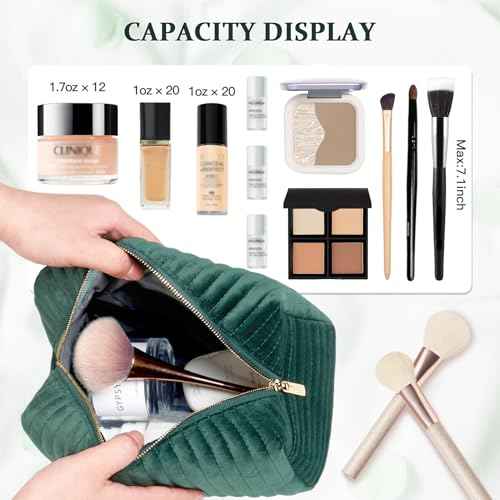 COSHAYSOO Personalized Fall Gifts for Women 30th 40th Birthday Unique New Mom Mother Wife Girlfriend Gift Ideas, Initial Quilted Makeup Bags Travel Green Cosmetic Velvet Skin Care Pouch Letter M