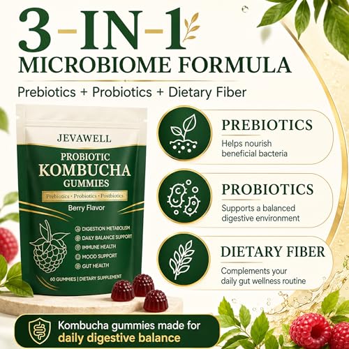 Kombucha Probiotic Gummies - Gut Health & Digestion Support, 60 Count