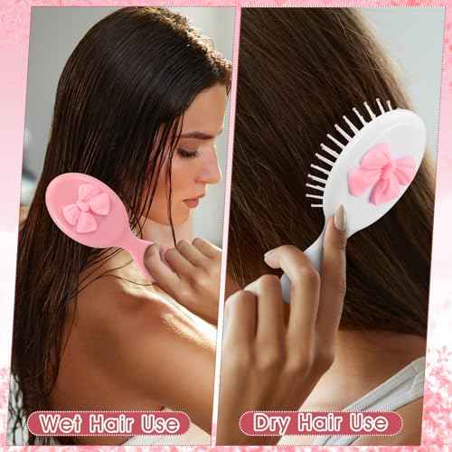 Meanplan 6 Pcs Mini Hair Brush Bulk with Bow Travel Detangling Brush Pink Coquette Small Hairbrush for Dry and Wet Hair Women Gift for Christmas Stocking Stuffers Party Favors(Black,Pink,White)