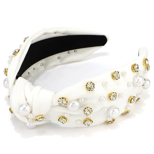 Atoden White Wide Top Knot Headband with Pearl Rhinestone for Women's Hair Embellished Headbands Sparkly Hair Bands