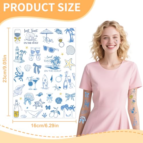 Last Toast on the Coast Temporary Tattoos - 200+ Blue Bachelorette Party Decorations Supplies, Bridal Shower Party Favors Fake Tattoo for Bride (8 sheets)