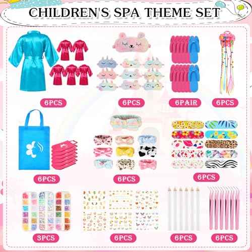 Suhine 6 Sets Girls Spa Birthady Party Supplies Birthday Print Satin Robe Tote Bags Spa Kit Nail Salon Kit(Blue, Rose Red)