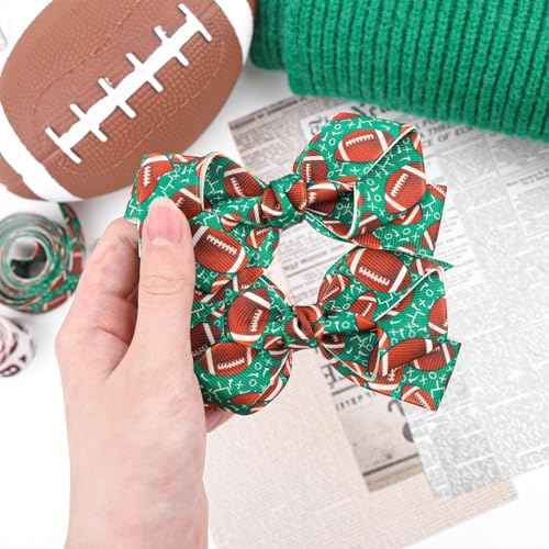 YanJie 2pcs 4'' Football Hair Bows Clips Glitter Ribbon Rugby Hair Clips Green Sports Theme Party Hair Accessories Baby Girl Football Outfit