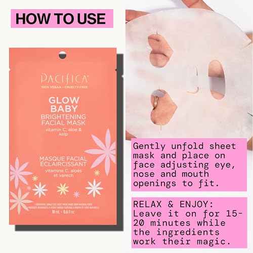 Pacifica Sheet Face Mask - 6 Pack - Glow Baby Brightening Facial Mask w/Vitamin C, Aloe & Kelp ? Cooling Mask for Dark Spots & Fine Lines - Clean Beauty Vegan & Cruelty-Free Dermatologist Tested