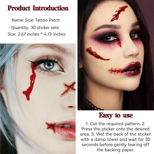30PCS Realistic Temporary Scar Tattoos - Halloween Fake Wounds