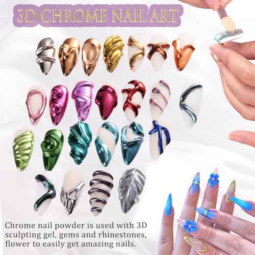 24 Colors Chrome Nail Powder Kit Mirror Effect Gold Silver Red Green Black Metallic Chrome Powder for Nails with Silicone Pen Applicator Brush Extra Fine Glitter Powder Manicure Supplies