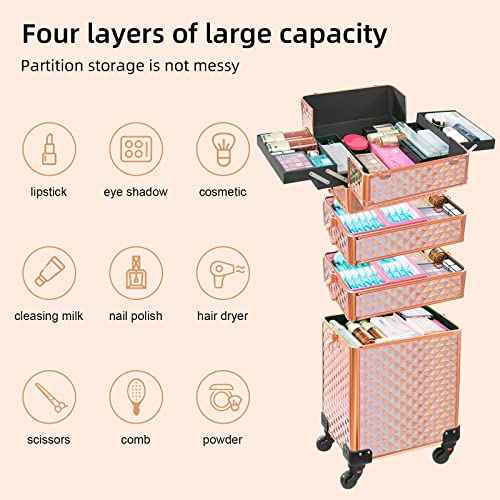 Rolling Makeup Case 4 in 1,Professional Makeup Train Case organizers,Large Storage Cosmetic case Trolley,Makeup Travel Case for Salon Barber Rose Gold,Pink