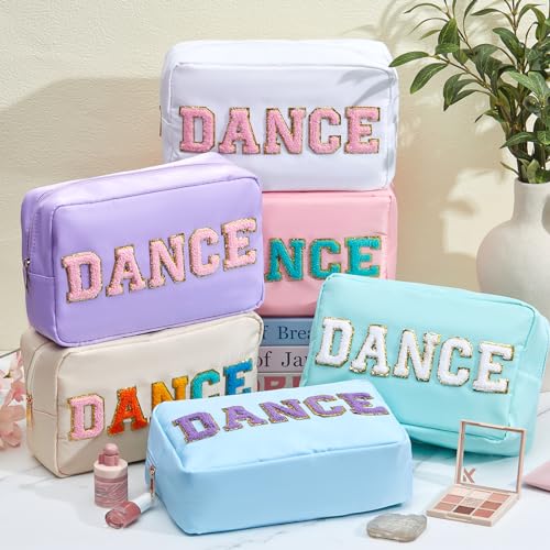 6 Pcs Dance Makeup Bag Chenille Cosmetic Bag with Letter Patches, Waterproof Portable Cheerleader Toiletry Zipper Pouch for Girls Women Teachers Appreciation Gifts (Pastel Colors)