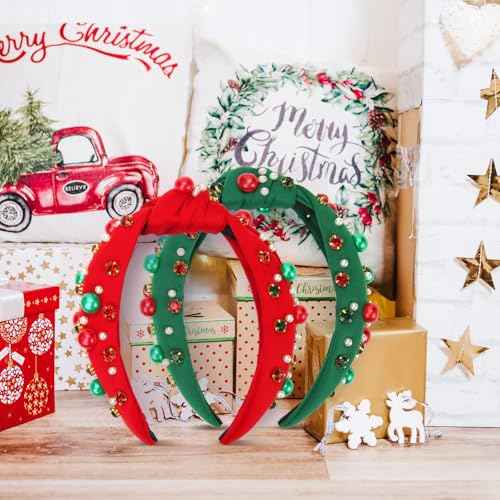2 Pcs Christmas Headband for Women Pearl Knotted Headband Red Green Pearl Rhinestone Crystal Jeweled Hairbands Fashion Ladies Hair Band Hair Hoop Accessories Holiday Outfits Headpiece (Red and Green)
