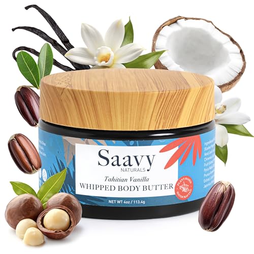Saavy Naturals Whipped Body Butter - Made with Organic Shea Butter, Essential Body Care & Dry Skin Moisturizer for Women, Velvety Rich Cream Texture, Naturally Scented - Tahitian Vanilla, 4 oz