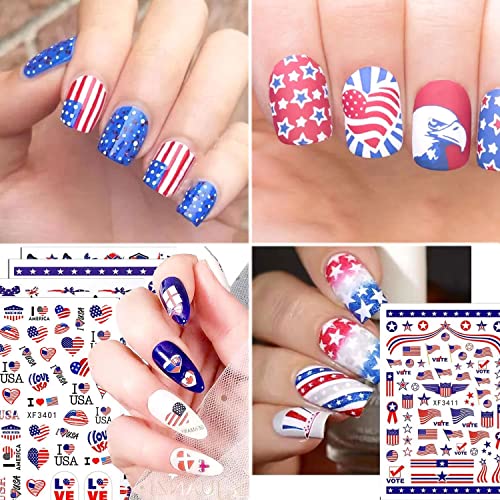 Independence Nail Art Sticker - 8 Sheets 4th July Nail Stickers 3D Self Adhesive Nail Art Decoration Red Blue Flag Eagle Heart Lip Nail Design for Acrylic Nail