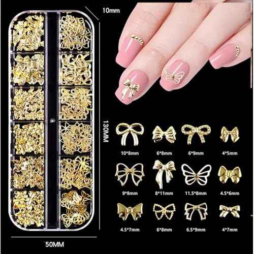 150PCS Gold Bow Nail Charm 3D Silver Nail Bows 12 Styles Mini Alloy Bowknot Diamonds Butterfly Gems Christmas Wedding Prom Crystal Rhinestones Decoration for Women Girls Crafts DIY 4
