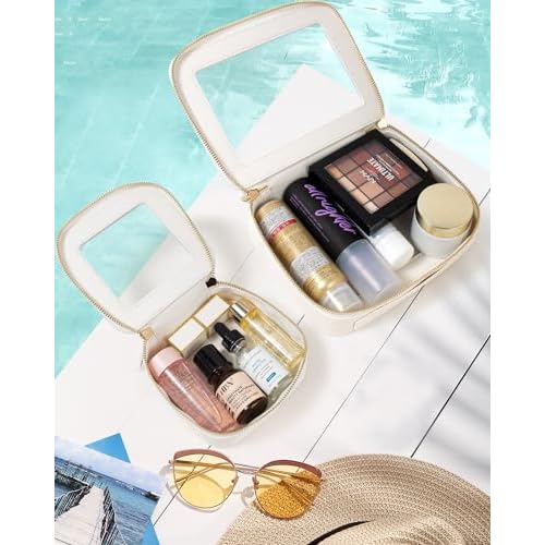 KOTORA Clear Makeup Bag Organizer Set,Portable Travel Toiletry Case for Women, Vegan Leather Cosmetic Pouch Car Bag for Essentials Car Accessories for Women Girls(White)