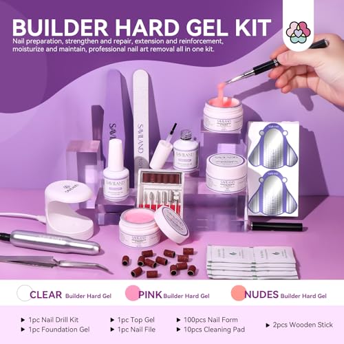 SAVILAND 15-Piece Builder Gel Nail Kit with Drill & Lamp - Clear Pink Nudes, Strong & Long-Lasting Gel Extensions, DIY Nail Art