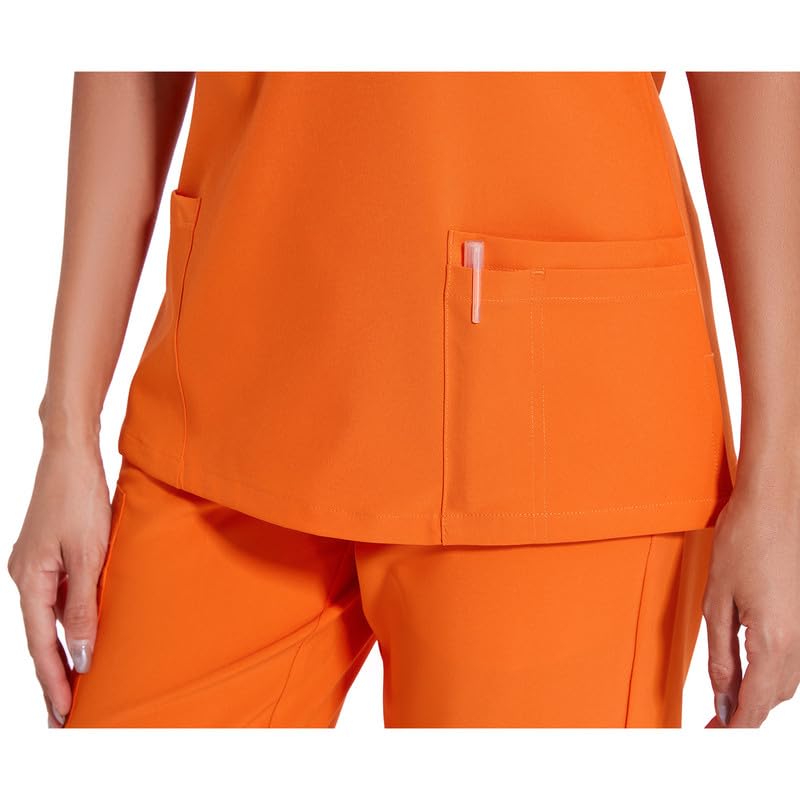 COZYFIT Scrubs for Women Set - Stretch V-Neck Scrub Top & Jogger Pant with 8 Pockets, Yoga Waistband, Anti Wrinkle, Slim Fit Women Scrubs - Orange, XS