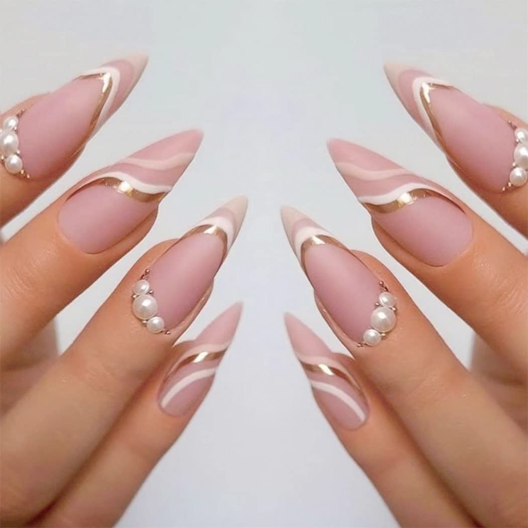 Outyua Pearls Matte Almond Press on Nails Nude Medium Length False Nails with Designs Acrylic Nail Tips Artificial Fake Nail with Adhesive 24Pcs for Women and Girls (Pearl)