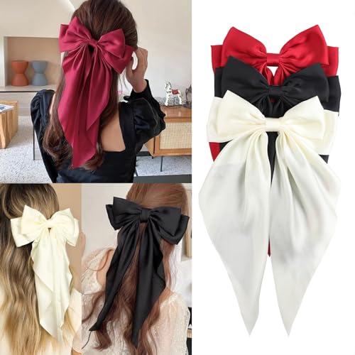 FYIMUYI Silky Satin Oversized Long-tail Bow Clip, Large Black Hair Bow for Women Girl, Hair Accessories with Long Tail, 1Pcs