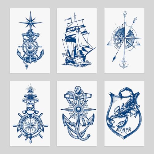 6 Sheets Semi Permanent Fake Waterproof Arm Temporary Tattoo Stickers Long Lasts 1-2 Weeks, Ship Boat Anchor Rope Compass Scorpion Lighthouse Sailor Sea Arrow Natural Fading