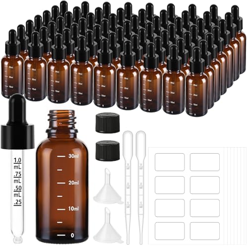 63 Amber Glass Dropper Bottles 1oz with Funnels & Labels