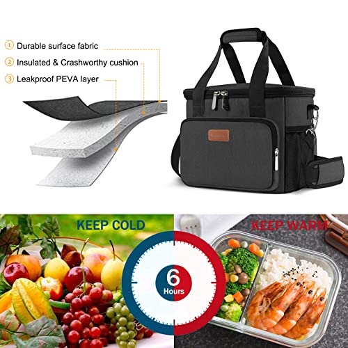 Femuar Lunch Bags for Women/Men, Insulated Lunch Bag for Work Office Picnic - Large Lunch Cooler Bag Leakproof Lunch Box with Adjustable Shoulder Strap for Adults - Charcoal(15L)