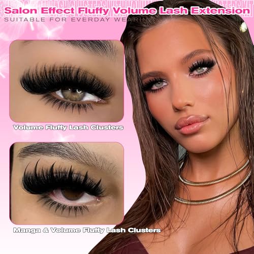 Wiwoseo Bottom Lash Clusters with Clear Lash Glue, D-Curl Fluffy Eyelash Extension Kit