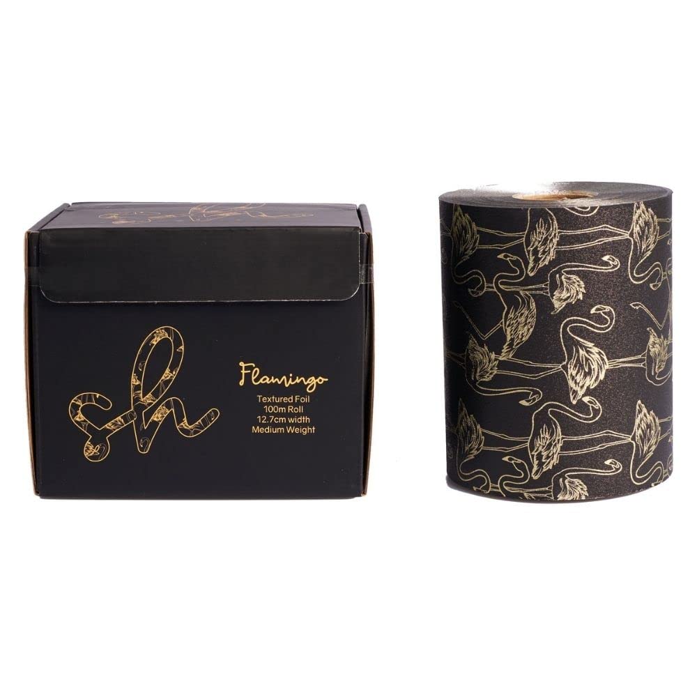 Luxury Extra Wide Hair Foil - 12.7cm x 100m, Professional Highlighting & Balayage, Embossed Flamingo Design, Built-in Cutter - Black & Gold, Salon-Grade Hairdressing Foil