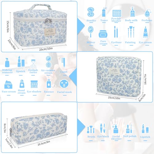 Gosect Quilted Makeup Bag Set 3-Piece Floral Cotton Organizer