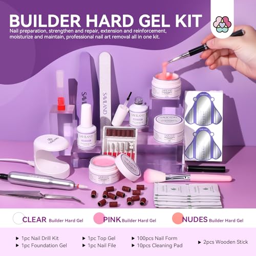 SAVILAND Builder Gel Set With Drill, 6 Art Brushes - 3 Hard Gels (VE&VB5&Kerain) Clear Pink Nudes, Lamp, Brush, Strengthener for Nail Extension