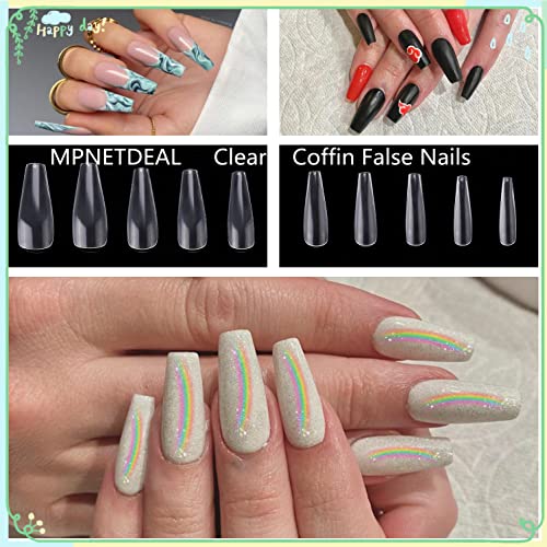 MPNETDEAL 500Pcs Coffin Nails Long Ballerina False Nail Tips Full Cover Fake Artificial Acrylic Nails Extension Tips 10 Size with a case for Nail Salon or Home Use DIY Nail Art (Clear)