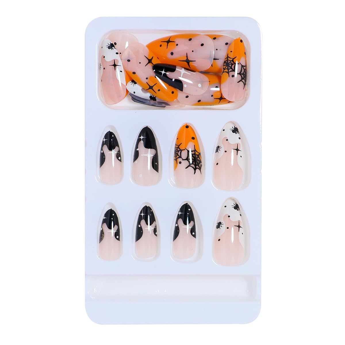 24Pcs Halloween Press on Nails Medium Length Almond Fake Nails Full Cover Black Spider Web Stick on Nails White Orange French Tip Artificial Acrylic Nails with Stars Design False Nails for Women Girls