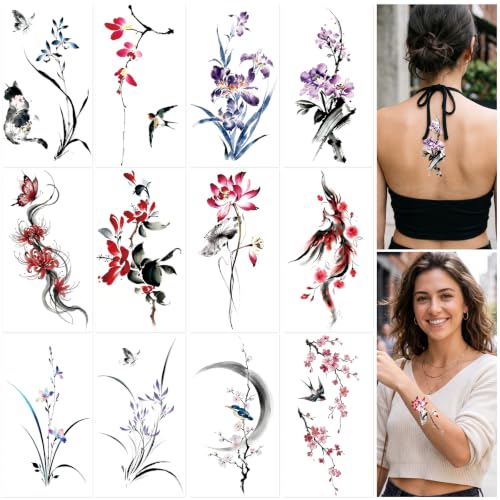 AIRNOGO 12 Watercolor Flower Temporary Tattoos for Women