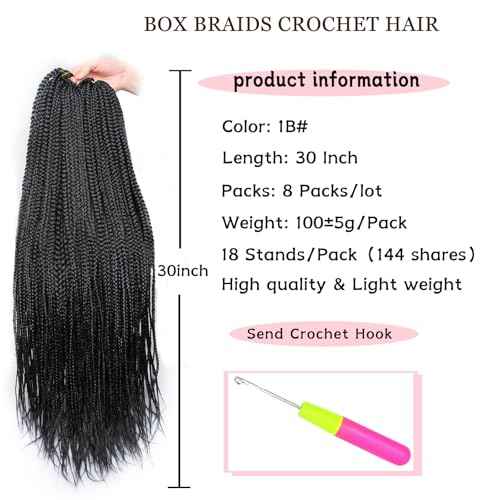 Xtrend 30 Inch 8 Packs Box Braids Crochet Hair Pre-looped Knotless 3X Braids for Woman Boho Braids Hair Extensions Long Box Braids Natural Black Synthetic Crochet Hair (18Strands/pack 1B#)