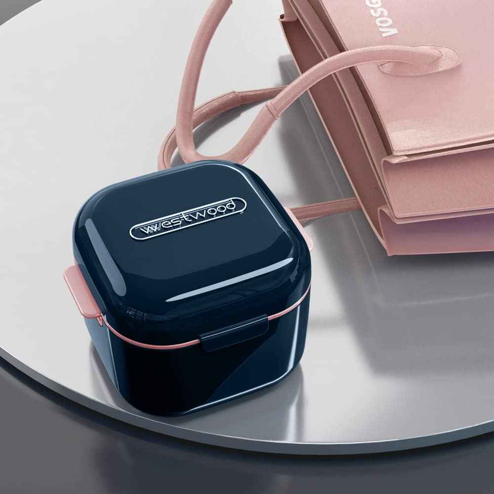 whoobell Denture Cup，Retainer Case,Cute Night Mouth Guard Box Holder, Storage Soak Container with Strainer basket for Travel Cleaning (Blue)