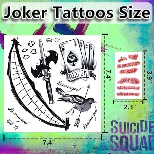 Joker Tattoos Temporary Halloween - 14 Sheets Temporary Tattoos for Kids Men Fake Tattoo Stickers Joker Costume Masquerade Cosplay Party Accessories Makeup Waterproof