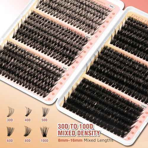 Volume Lash Clusters Kit 30-100D DIY Eyelash Extension 708pcs Thick Individual Lashes 8-16mm with Lash Bond and Seal, Tweezers, Brush, Super Thin Band False Eyelashes EPUDY FIHSALA