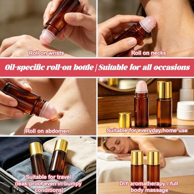 2 Pack 50ml Rose Quartz Essential Oil Roller Bottles - Amber Glass with Gold Cap