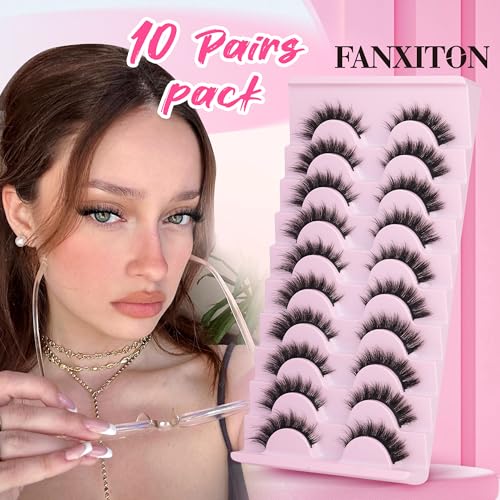 False Eyelashes Cat-Eye Look Wispy Lashes 15mm 3D Manga Lashes Natural Look D Curl 10 Pairs Pack Faux Mink Lashes