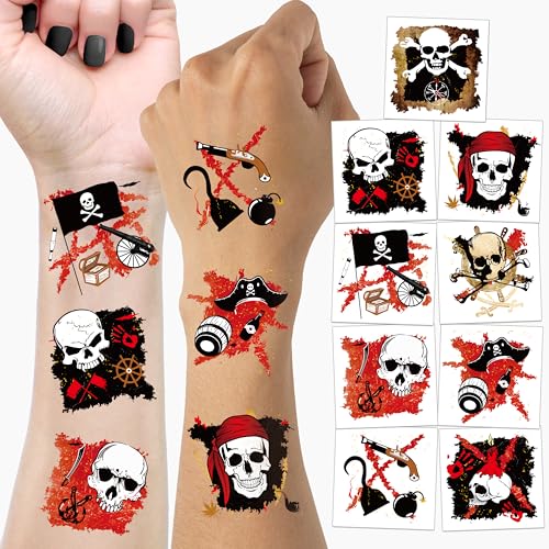 Cheerland Pirate Temporary Tattoo for Party Favor Pre-cut Pirate Ship Theme Decor Summerween Birthday Decorations Halloween Skull Crossbone Treasure Map Tattoo Face Stickers Party Supplies 108Pcs