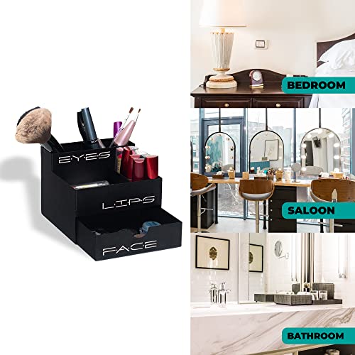 GEGUTON Makeup Organizer Box with Drawer ? Steel, Black and Pink, Stylish Design ? Stores Products and Accessories, Keeps Vanity Organized, Great Gift for Her ? Beauty Collection