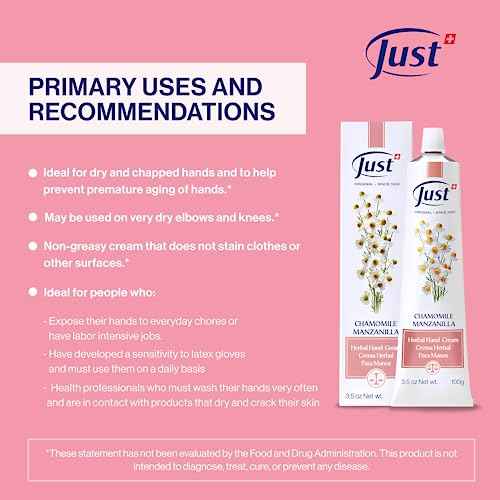 SwissJust Chamomile Hand Cream 100ml, Protecting Cream that Concentrates the Comforting & Relaxing Properties of Chamomile. Strengthens the skin, Provides Elasticity & Restores Anti Aging Hand Cream