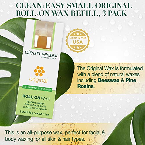 Clean + Easy Original Roll On Wax ? Small Wax Refill Cartridges for Hair Removal, Fast & Easy Roll On Applicator for Face, Brows & Delicate Areas, 3 Pack