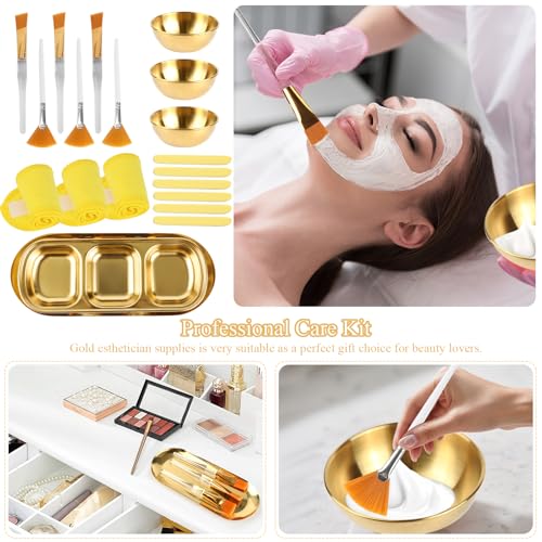 26 Pcs Esthetician Supplies 3 Gold Mixing Bowls Gold Small Serving Tray 3 Compartment Serving Tray 3 Facial Fan Brushes 3 Face Mask Applicator Brush 12 Facial Sponge Compressed Round 3 Hair Band