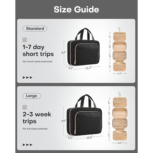 HOTOR Travel Toiletry Bag for Women & Men, Waterproof Makeup Bag with Hanging Hook and Multiple Pockets, Cosmetic Bags for Women, Travel Essentials, 12.6'' x 4.3'' x 9.9'', Black