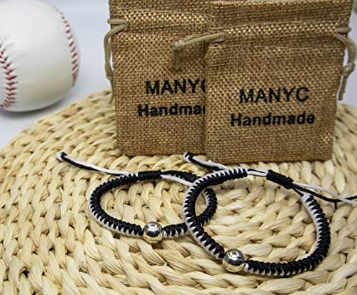 Handmade Braided Bracelets Baseball Gifts for Boys Adjustable Wristbands with Baseball Beads, Inspirational Baseball Bracelets for Girls Teens Adults (Black 2PCS)