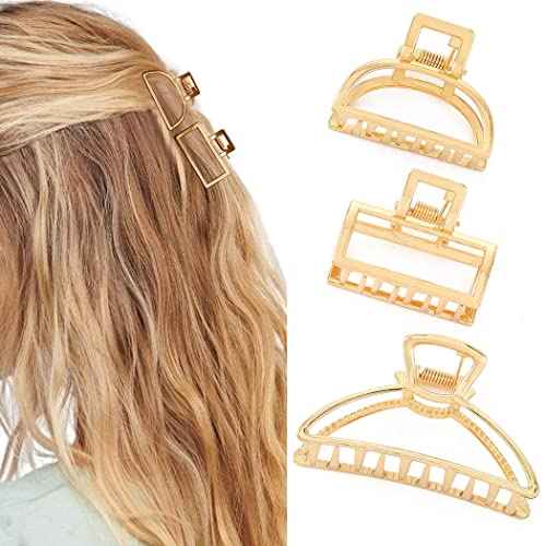 Brinie Metal Claw Hair Clips Set - Gold Medium Catch Nonslip Barrette Hair Accessories for Women and Girls (Pack of 3)