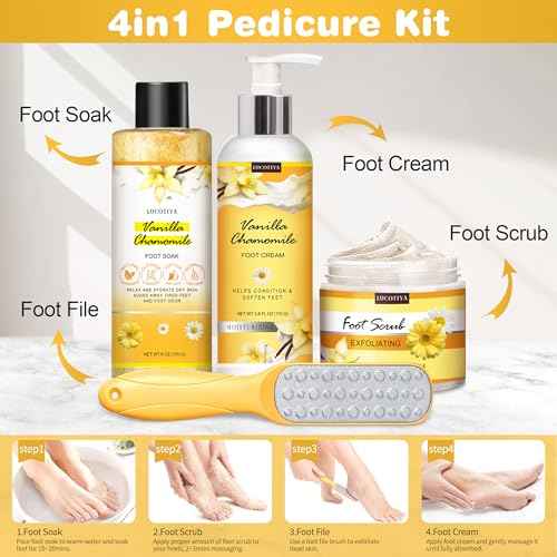 LUCOTIYA Foot Soak Set Pedicure Kit, Vanilla chamomile Foot Soak Salts,Foot File,Foot Scrub & Urea Foot Cream,Pedicure Supplies for Dry Cracked Feet for Women